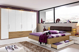 Schlafzimmer Z18705 - Hochglanz weiß mit Holzoptik