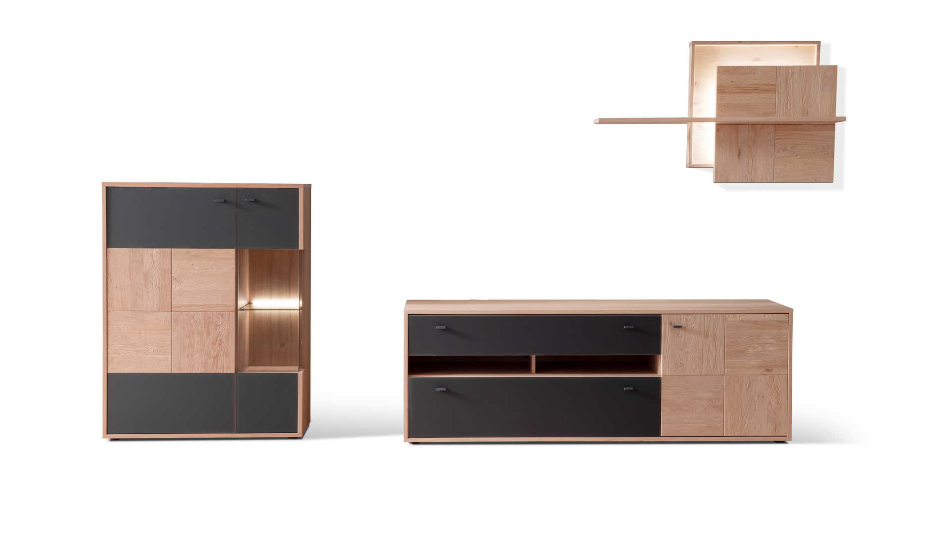 Wohnwand Z19911-1 Balkeneiche mit satinierter Glasfront