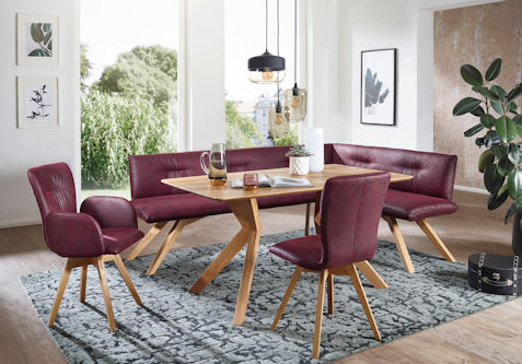 Tischgruppe Esszimmer Z20415 - Asteiche, Leder weinrot