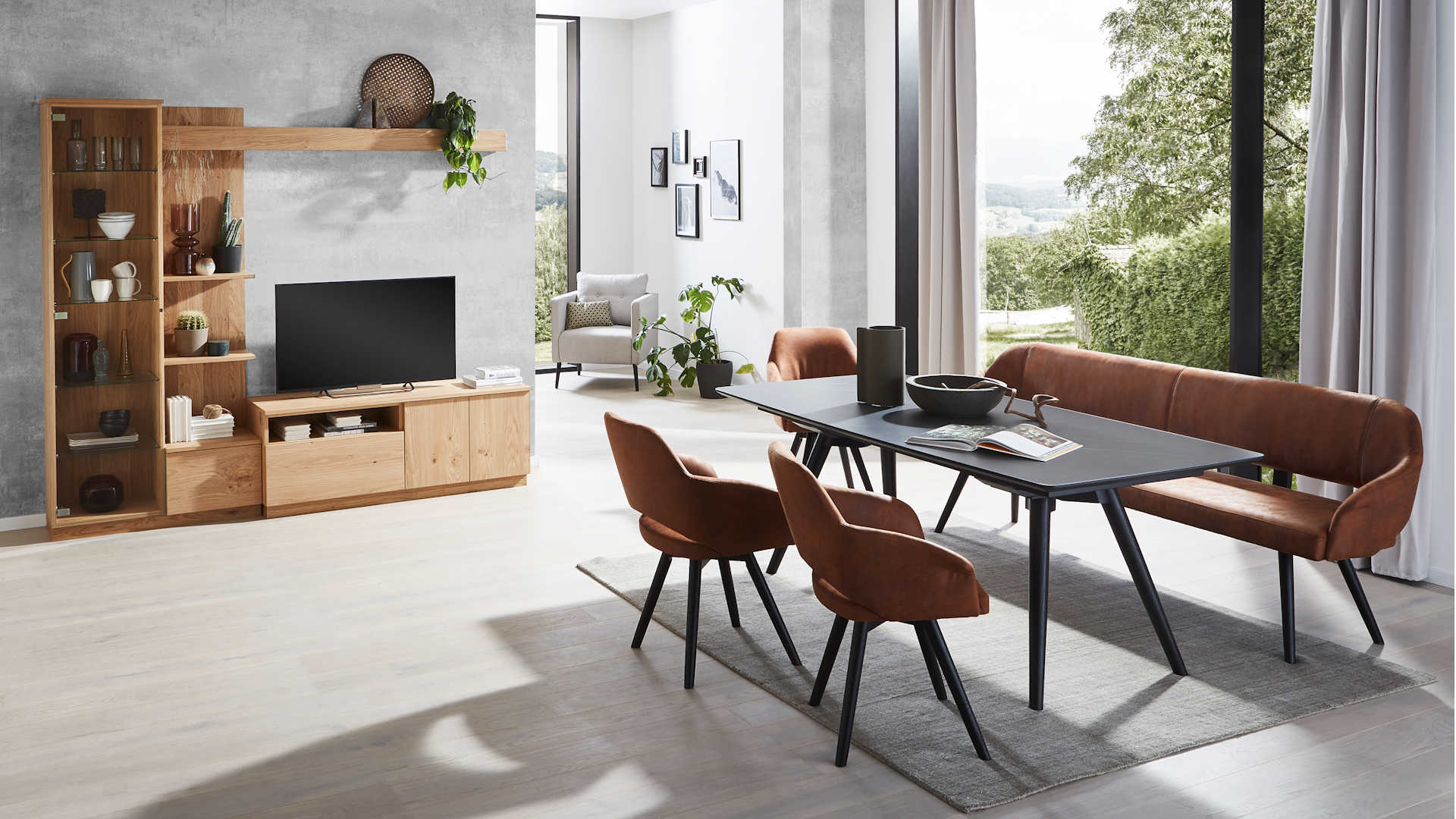 Tischgruppe mit Polsterbank Z20416-1 - Steinoptikplatte, modern